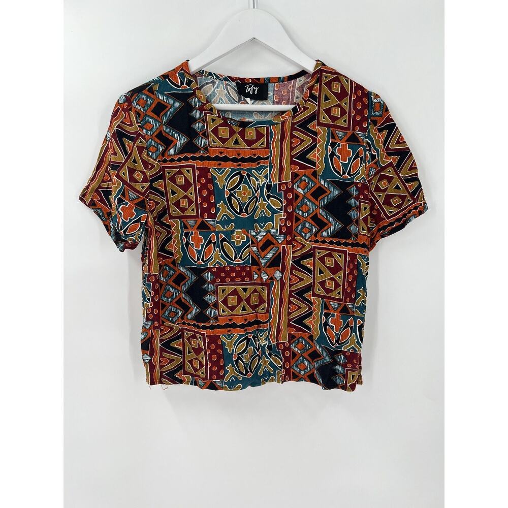 Toby Vintage Blouse Womens Medium Multicolor Tribal Retro Short Sleeves Casual
